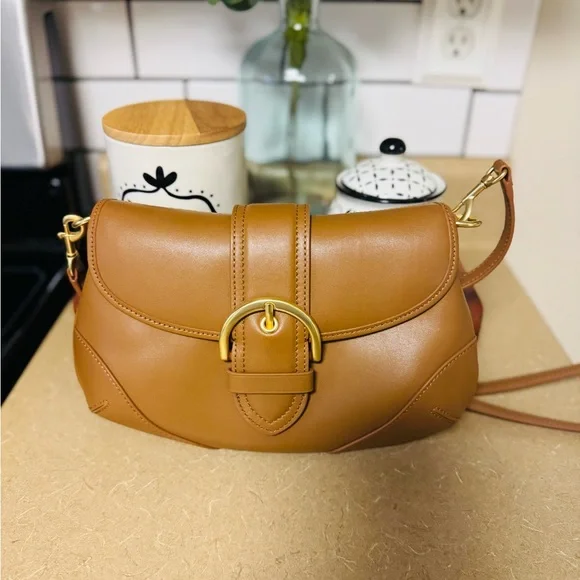 Cognac Leather Crossbody Purse with Gold Accents - Picture 2 of 5